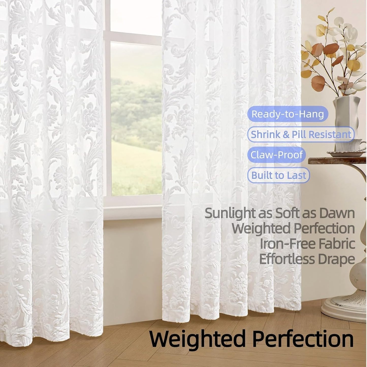 Sheer Curtains 84 Inch Length for Living Room & Bedroom Rod Pocket Boho Farmhouse Drapes with Scroll Floral Patterned 3D Flocked Texture & Rococo Motifs White Sheer Curtain Set of 2 Panels 52"W*84"L