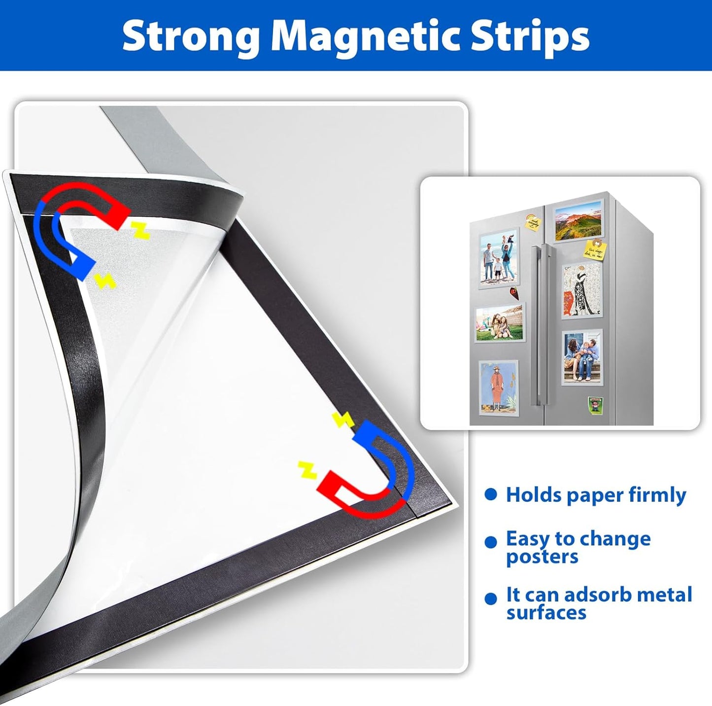 2Packs Magnetic Sign Holder 8.5 x 11 Self Adhesive Display Frames with Strong Magnetic Frame and Clear PVC for Office Store Home Door Window Refrige Magnetic Paper Holder, Silver