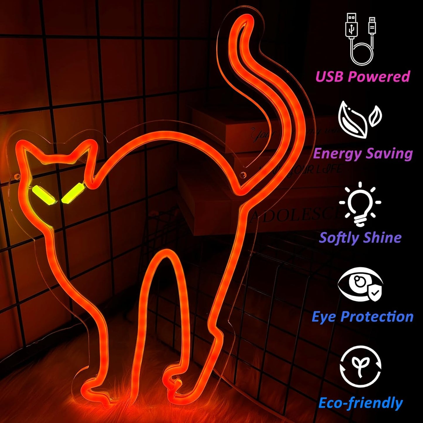 Halloween Orange Cat Neon Signs for Wall Decor, Cat LED Neon Sign USB Powered, Halloween Cat LED Light Table Decoration for Bar, Christmas, Wedding, Birthday Party