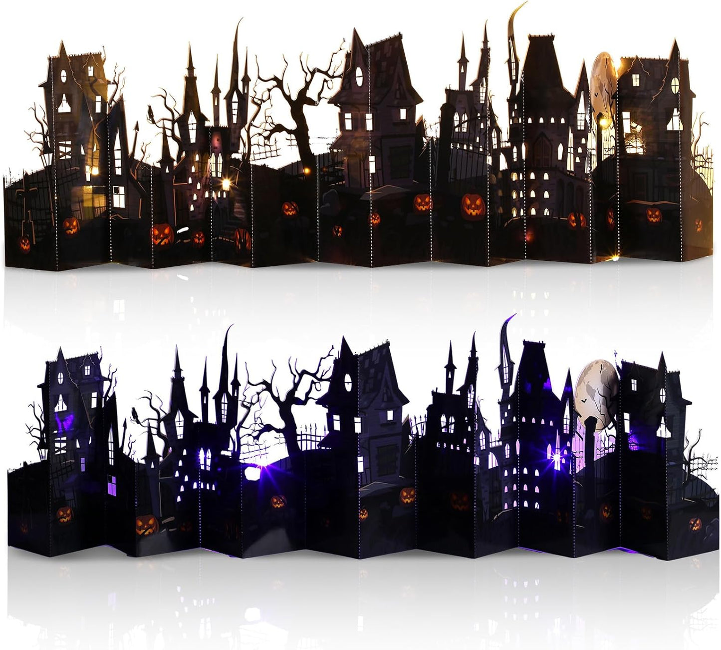 Geyoga Halloween Pop-up Card with 2 LED Lights 40" Halloween 3D Greeting Card Long Enchanted Eerie Village for Table Centerpiece Party Decoration