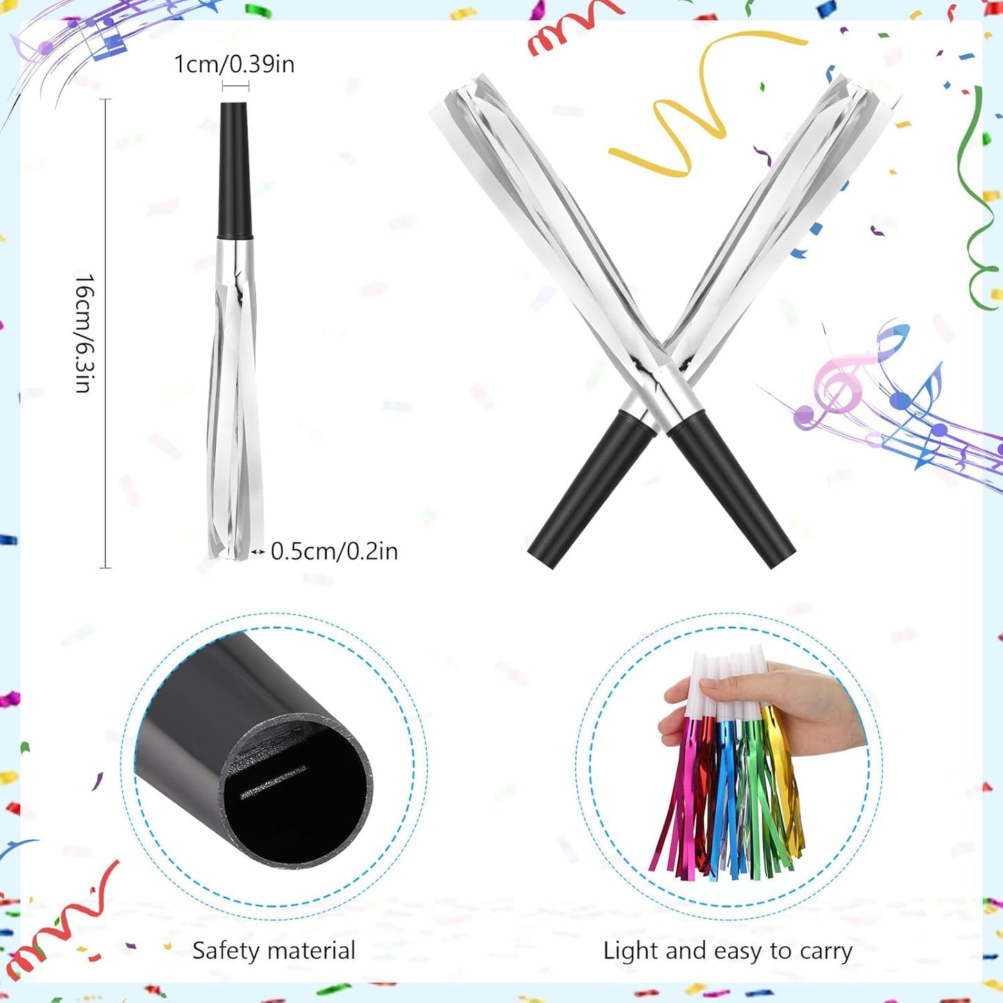 48 Pcs Silver Noise Makers Glitter Metallic Fringed Noise Makers Horns for Baby Shower, Kids Birthday, New Year Party Favor