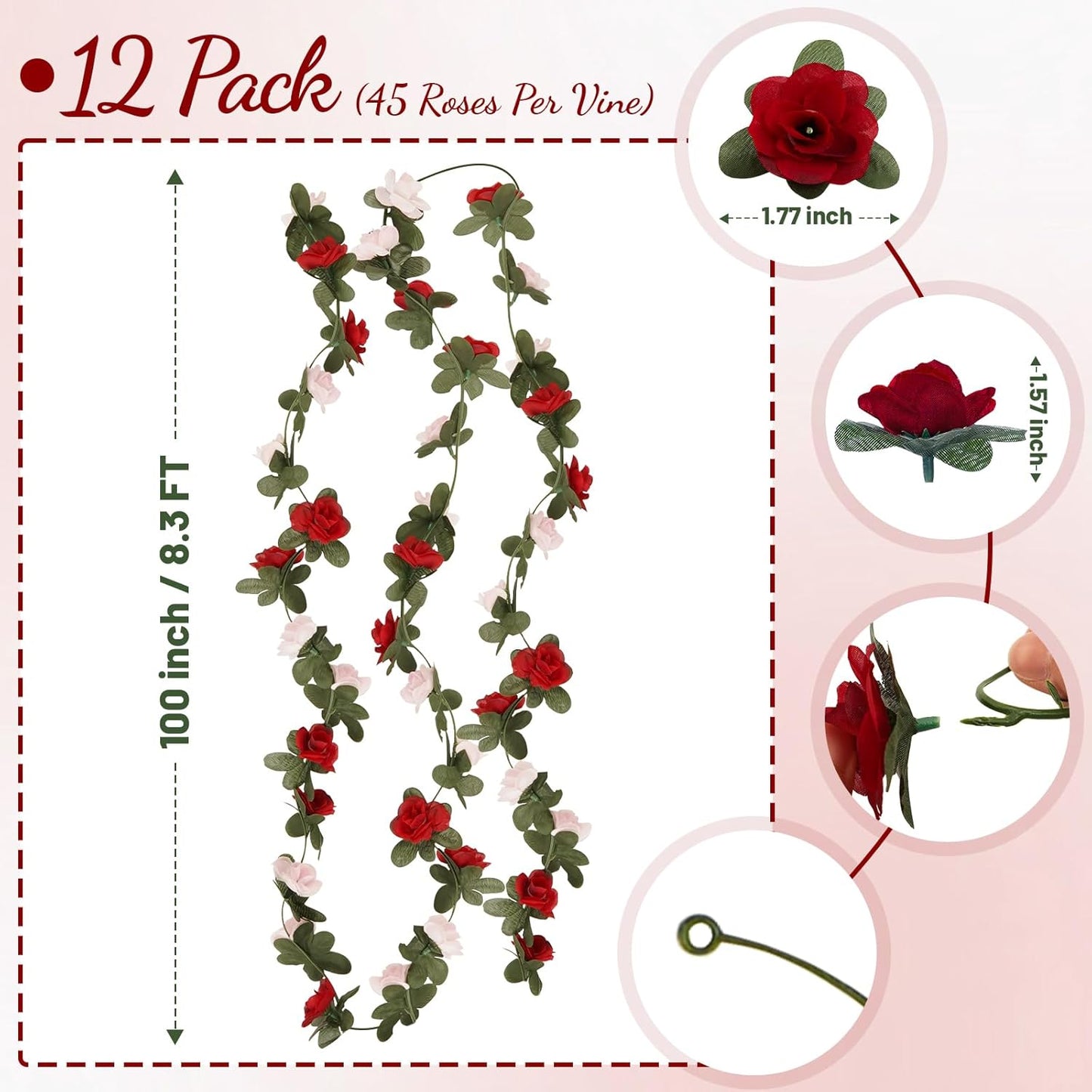 12 Pcs 99 Ft Flower Garland Rose Vines, Rose Garland for Decoration, Flower Vine for Room Table Birthday Wedding Party Garden Wall Decor