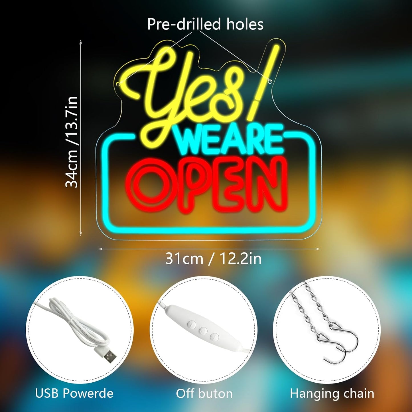 Open Neon Signs Yes We Are Open Neon Light,USB Powered,Hanging Wall Art Decor for Business,Coffee, Shop, Bar, Bakery,Hotel Store,13.7 x 12.2 IN-USB Powered-Acrylic