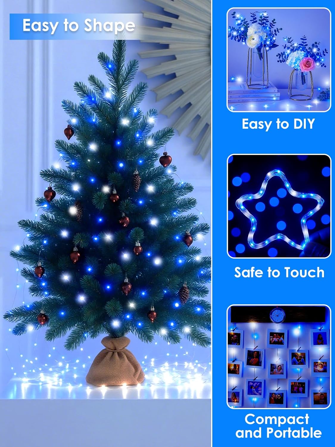66Ft 200 LED Fairy Lights Plug in, Waterproof String Lights Outdoor & Indoor 8 Modes Christmas Lights Bedroom Decor, Timer Twinkle Light for Girl's Room Garden Party Christmas Decorations (Blue&White)
