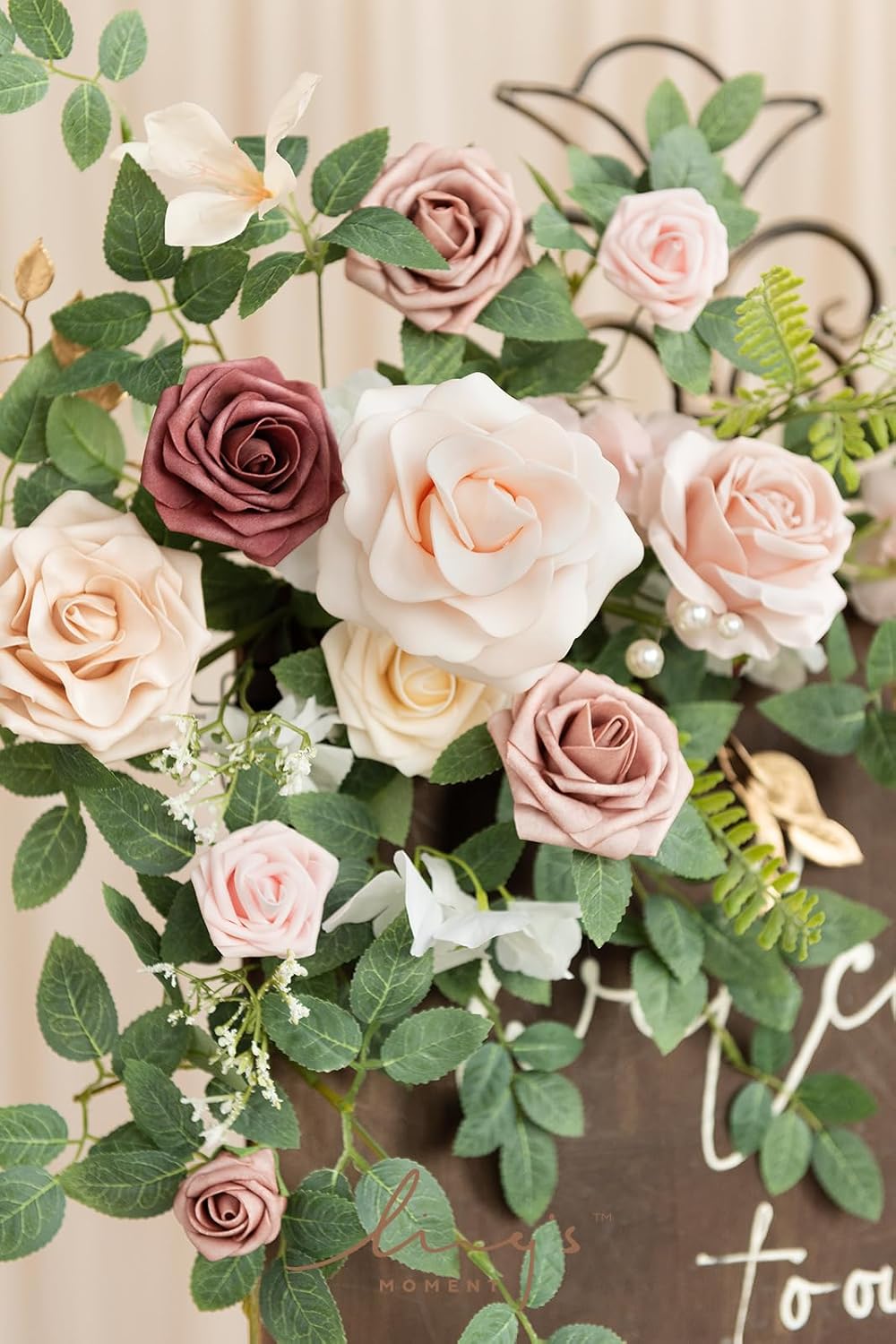 Ling's moment 2pcs Wedding Flowers Garland Artificial Floral Swag Arch Decorations Greenery Arrangements Dusty Rose Cream Ceremony Reception Garden Easel Wall Entryway Outdoor Board(NOT Include Sign)