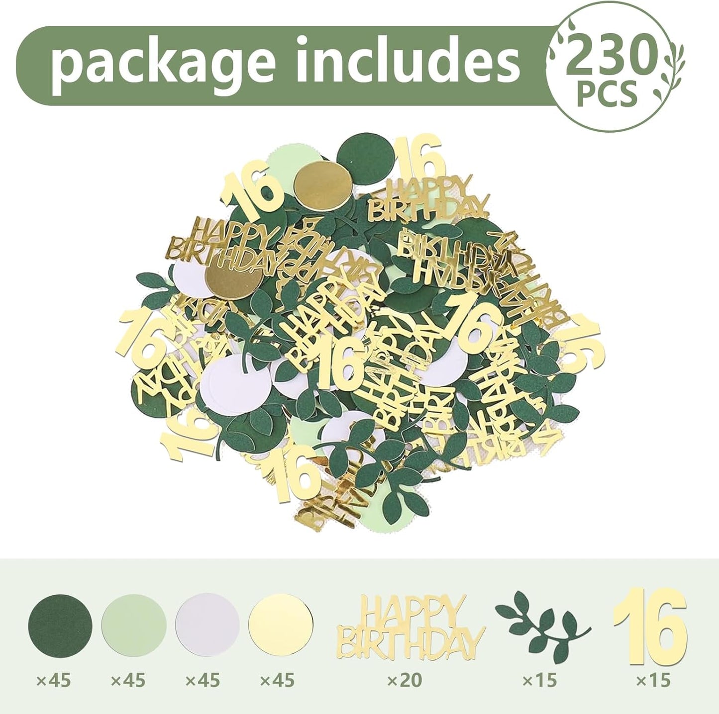 Sage Green 16th Happy Birthday Confetti, 16th Birthday Table Decorations Scatter Green Gold Foil Cake Confetti Decorations for 16 Bday Girls Boys Party Decor 230 Pcs