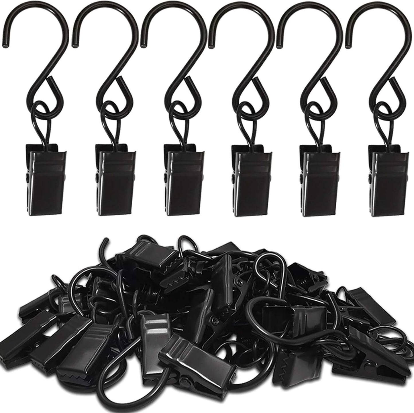 Stainless Steel S Hooks Curtain Clips, 50 Pack Hanging Party Lights Clips Hangers Gutter Photo, Art Craft Display, 2.4 Inch Long, Black