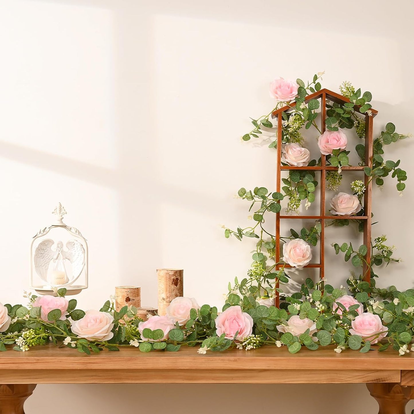 Dolicer 2Pcs 13Ft Artificial Eucalyptus Garlands with Flowers - 8 Roses, Faux Floral Greenery Garlands Fake Flowers Vines for Wedding Table Centerpieces Arch Party Ceremony Backdrop Decor (Pink)