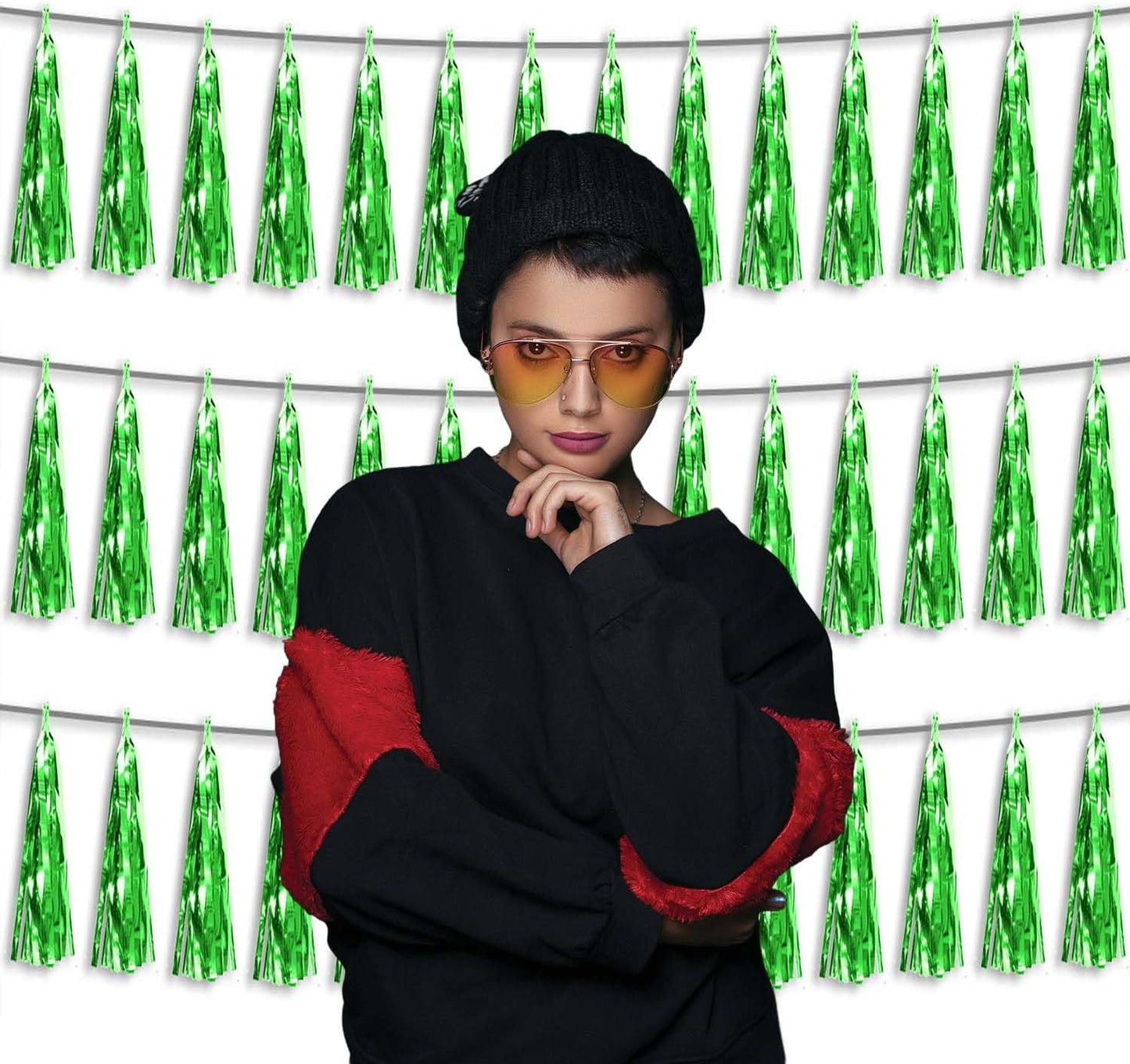 3P Metallic Fringe Tassel Banner Garland Foil Tinsel Streamer Wall Hanging Curtain Backdrop Banner for Parade Floats, Graduation Decorations, Father's Day Party Decoration(Green)