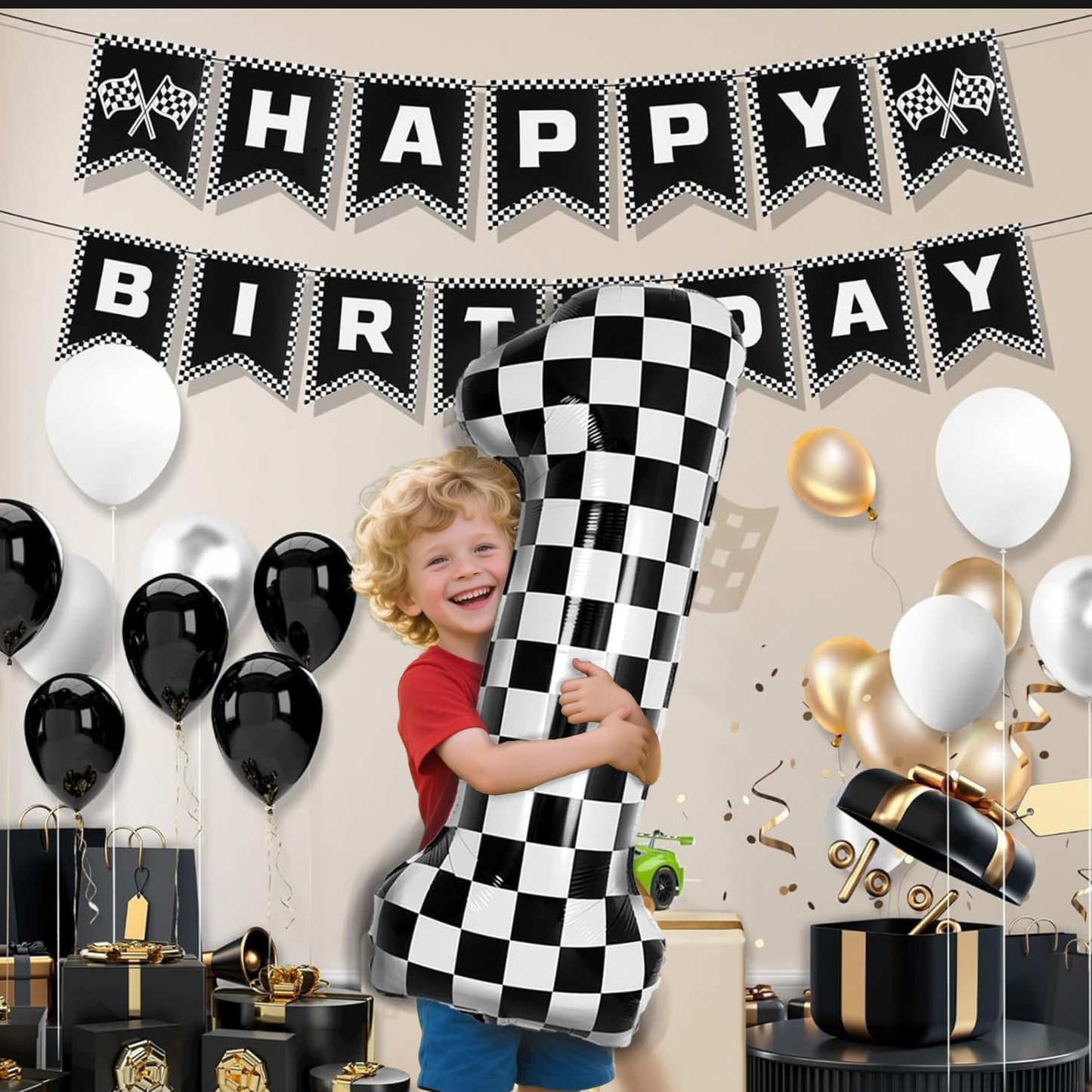 40 Inch Checkered Number Balloon - Race Flag Pattern Big Helium Balloon for Birthday Party Decorations - Black & White Balloon for Kids Adults Party Supplies (Racing Car, Number 1)