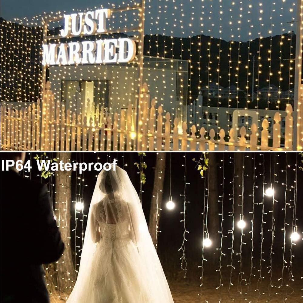 YEOLEH String Lights Curtain,USB Powered Fairy Lights for Party Bedroom Wall,8 Lighting Modes & IP64 Waterproof Ideal for Wedding Valentines Day Decor (Warm White)