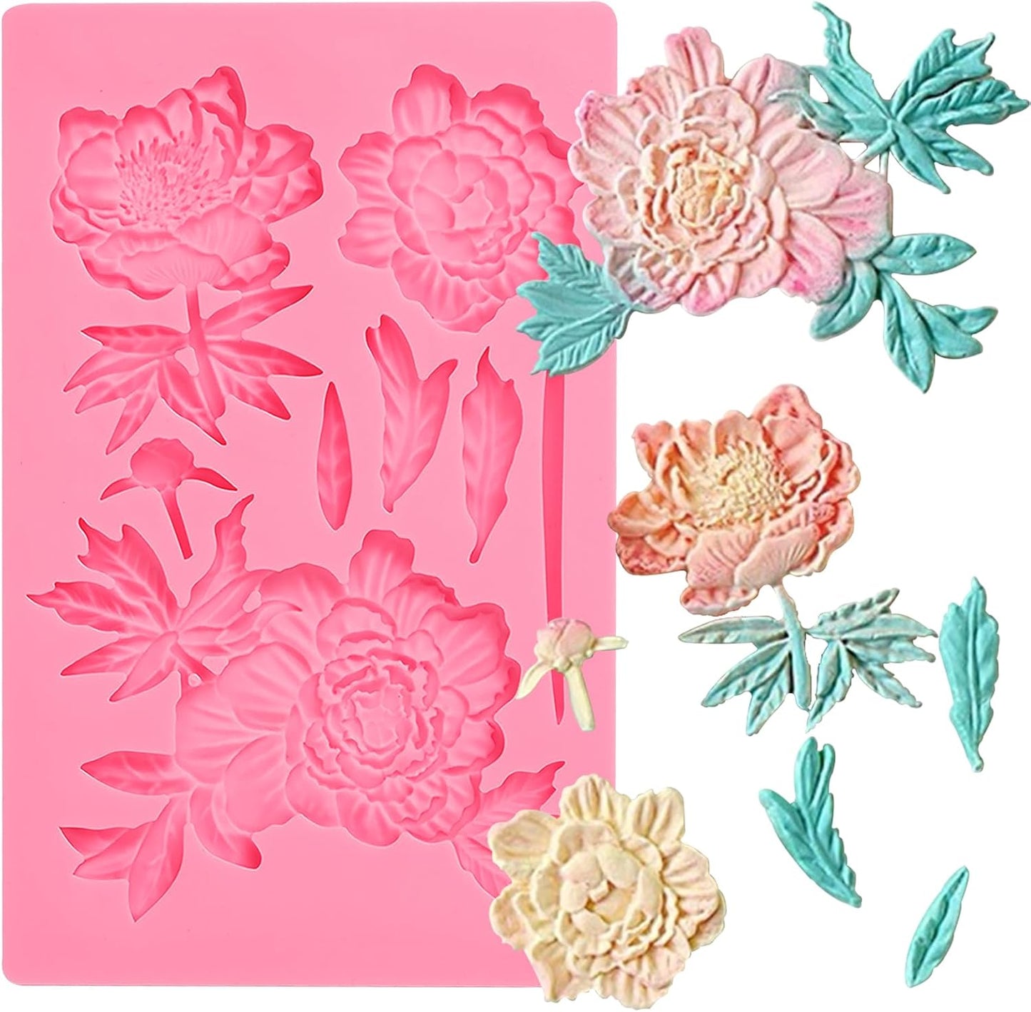 Rose Fondant Molds, Peony Kitchen Baking Silicone Mold, Leaf Chocolate Mold, for Cake Decoration, Flower Paste, Mousse, Jelly, Pudding, Butter, Chewing Gum, Epoxy Resin, Clay