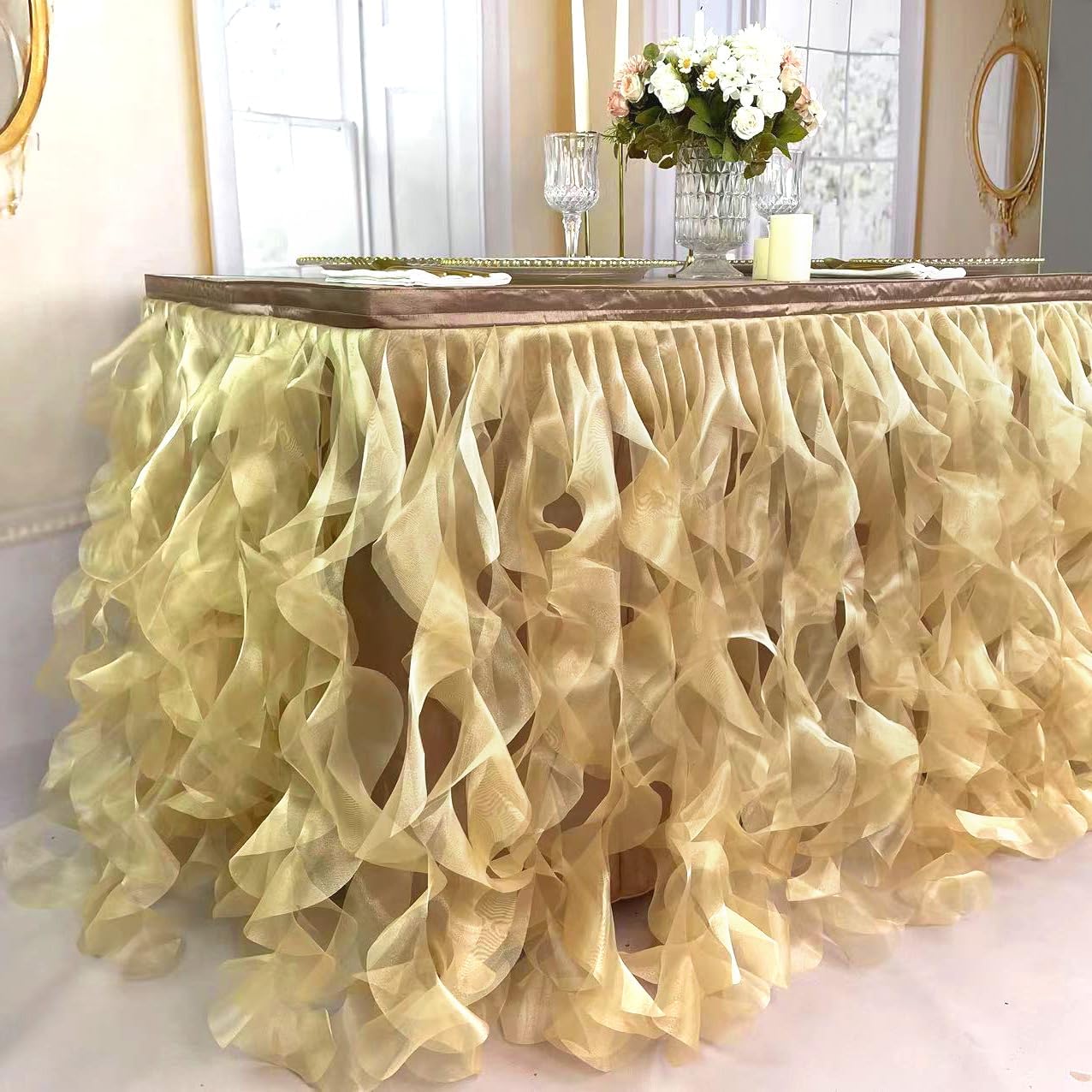 Luxury Organza Mesh Table Skirt Draping Floating Romance - Perfect for Bridal Showers, Birthday Weddings - Clear Flowing Decoration for a Wonderful Main Cake Table (Gold-6ft, 72" L×30" H)