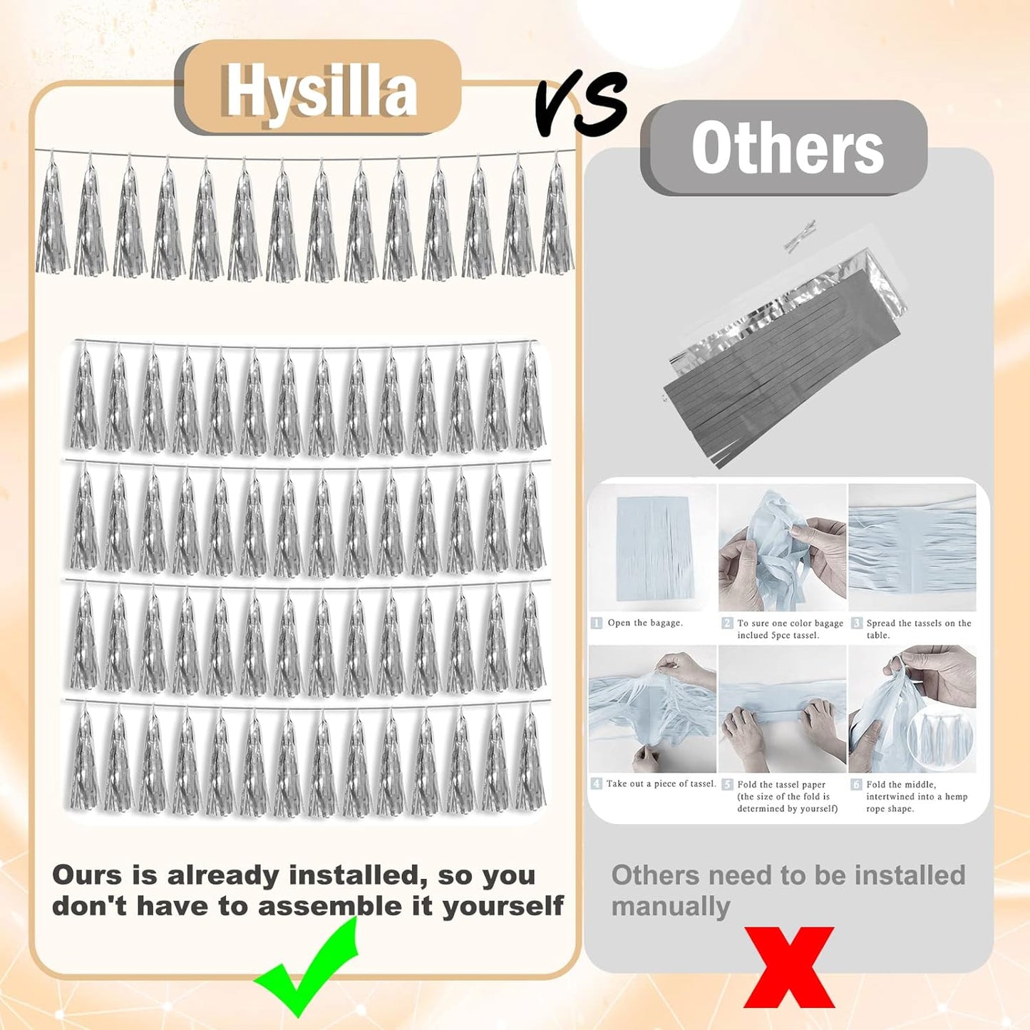 3P Silver Foil Fringe Metallic Tassel Streamers Banner Tassel Garland for Parade Floats, Bachelorette, Wedding, Birthday, Halloween, Christmas, Bridal/Baby Shower Party Decorations