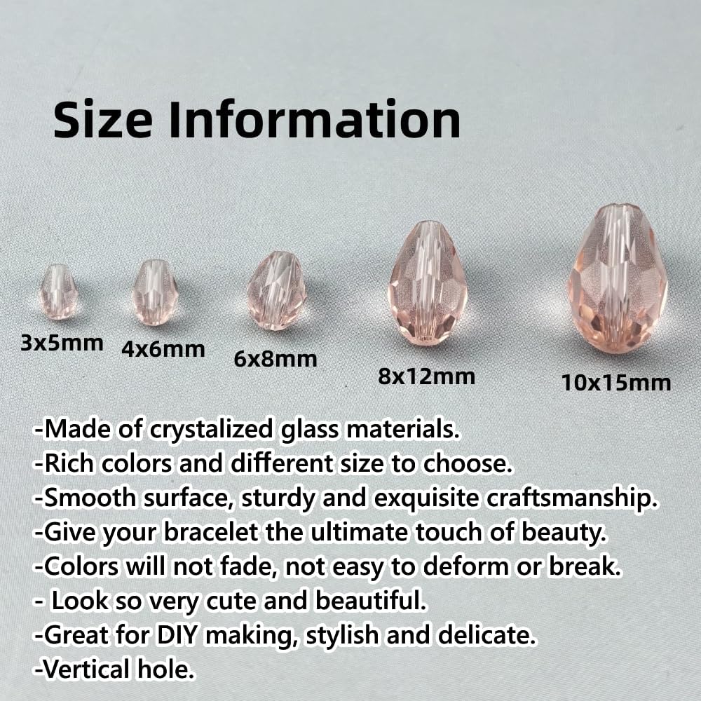 50pcs 10x15mm Teardrop Crystal Glass Beads for Jewelry Making, Faceted Vertical Hole Teardrop Glass Spacer Beads for Wind Chimes Bracelet Earring Necklace DIY Craft(Pink)