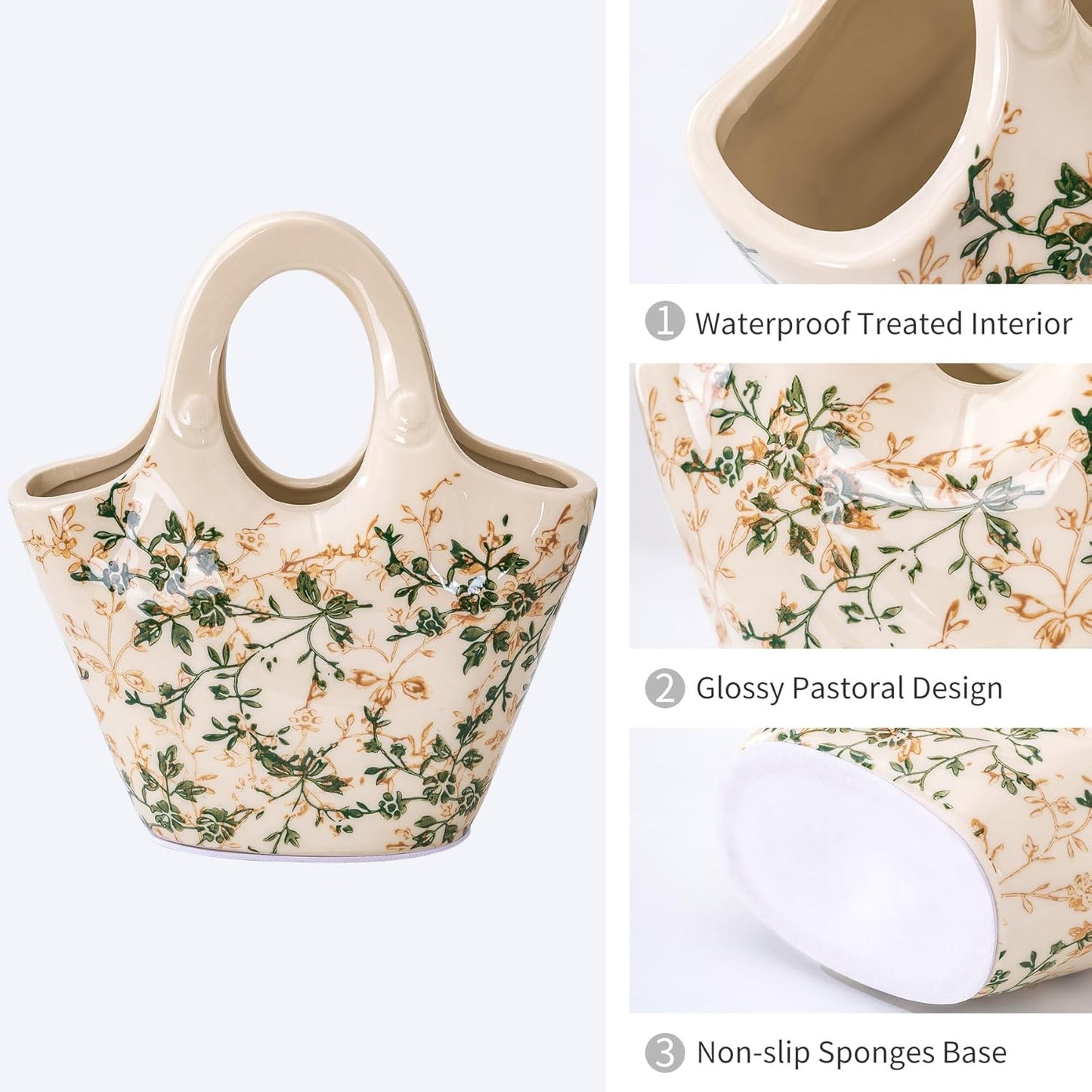 Ceramic Purse Vase for Flowers, Cute Handbag Vases, Vintage Green and Beige Floral Vase, Rustic Farmhouse Vases for Living Room, Kitchen, Bedroom, Table Centerpiece, Chinoiserie and Tuscan Decor 9 in