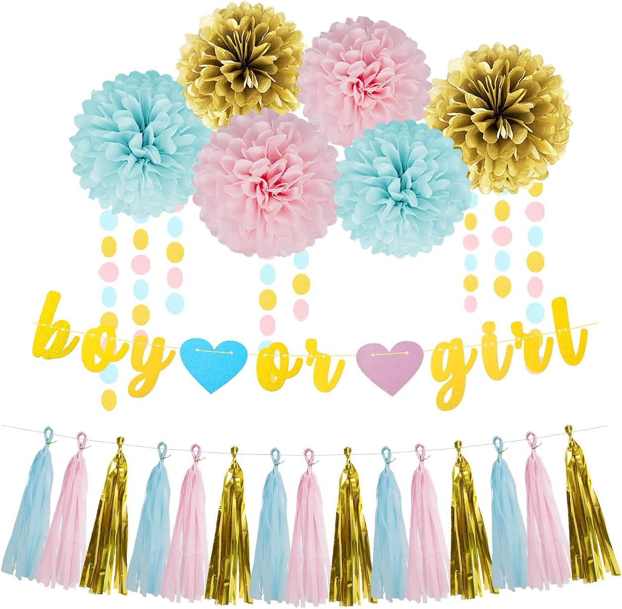 Gender Reveal Decorations Blue Pink - 23pcs Tissue Paper Flowers Pom Poms Boy Or Girl Banner Tassel Garland Streamers Baby Party Supplies Gender Reveal Theme Gold Hanging Decor Ideas