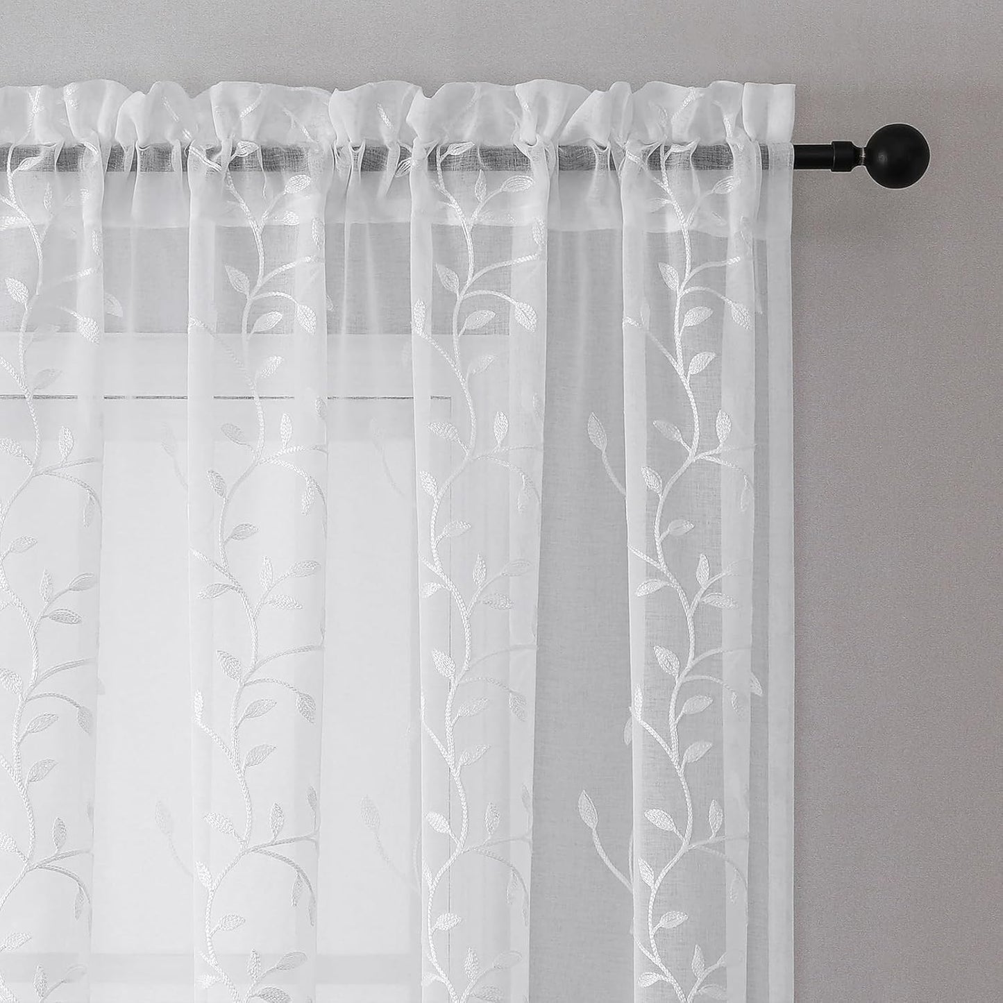 VISIONTEX White Sheer Voile Curtains, Decorative Beige Leaves Embroidery Faux Linen Rod Pocket Window Drapes for Home Kitchen, Living Room and Bedroom 54 x 63 Inch, Set of 2 Curtain Panels