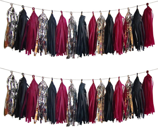 Tassel Garland Tissue Paper Tassel Banner,Tassels Party Decorations for Wedding,Birthday,Bridal/Baby Shower,Pack of 15 (Burgundy/Black/Silver)