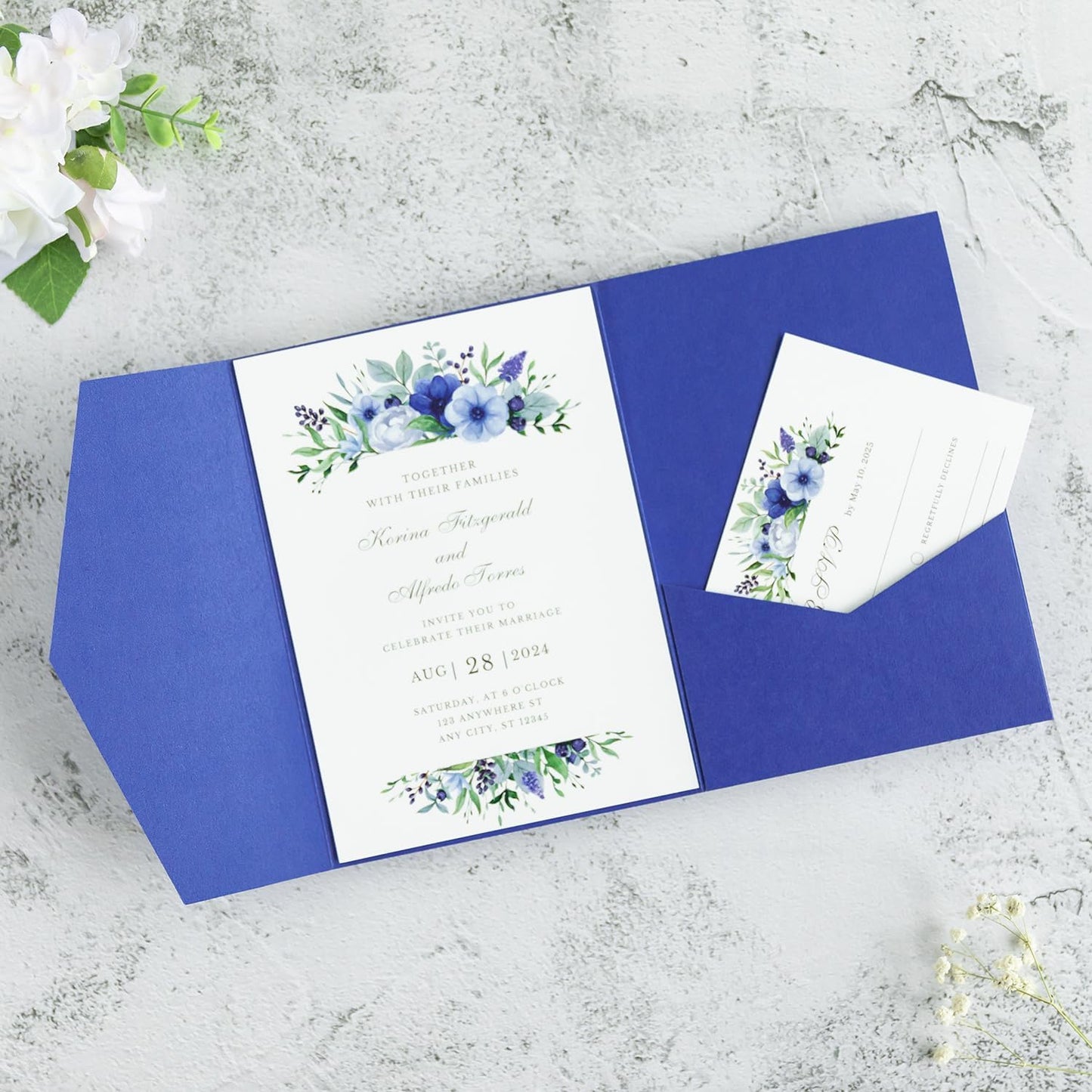 20 PCS Royal Blue Tri-fold Laser Cut Wedding Invitation Pockets for 5x7 Wedding Cards Bridal Shower Engagement Quinceanera Invitation