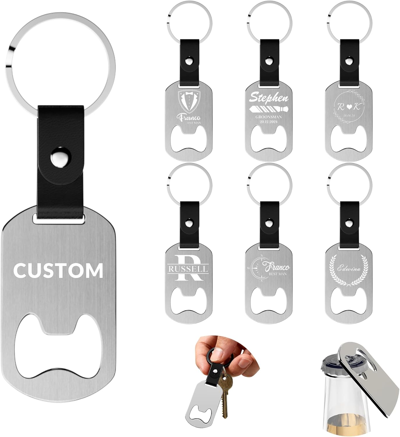 2 in 1 Personalized Bottle Openers Keychains Bulk,Pack 5-100 Flat Metal Custom Keychain with Your Text/Logo/QR Code, Unique Multitools for Wedding Party Favor, Bar, Promotion, Gift (Silver)