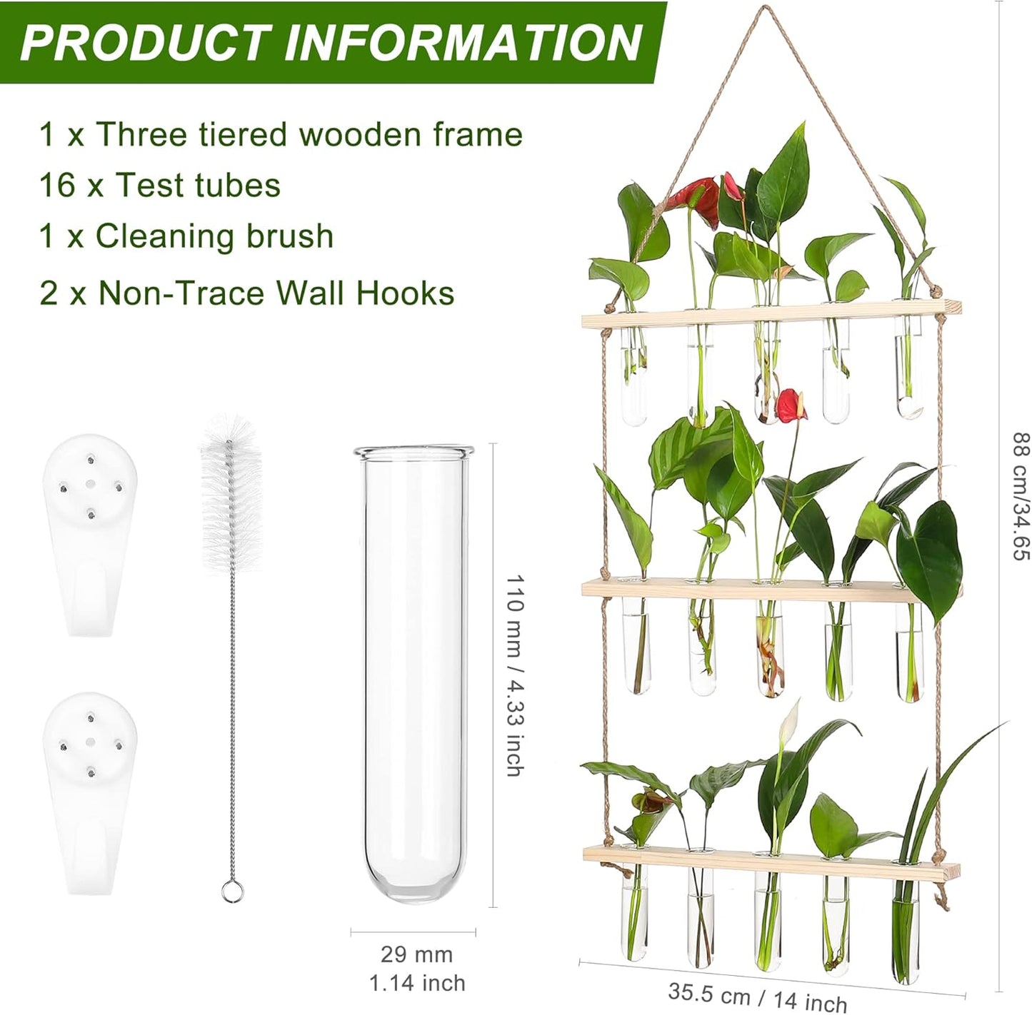 YIBOT Propagation Stations,3 Tiered of Propagation Tubes with Wooden Stand,Mini Glass Test Tubes Vase,Plant Terrarium for Hydroponic Home Garden Office Decor, Gardening Gift for Women Plant Lover