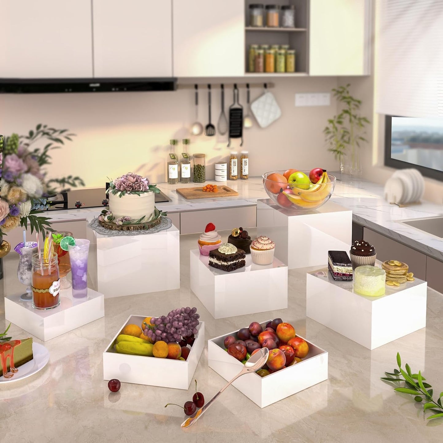 Buffet Risers, Food Display Risers for Party, White Acrylic Risers Display Stand for Buffet Table, Catering Displays for Dessert, Cube Box Nesting Riser with Hollow Bottoms (6"x7"x8" 3PCS)