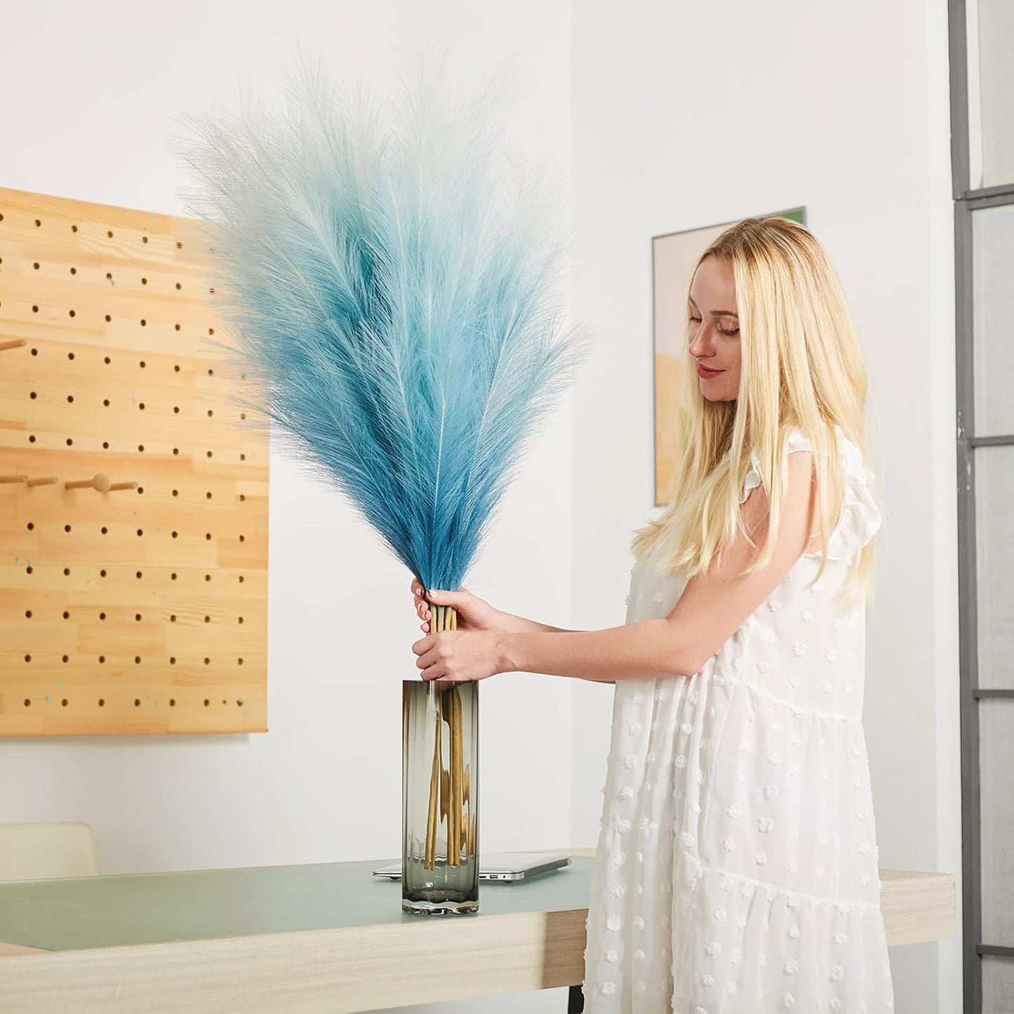 Faux Pampas Grass Decor, 6 Stems Artificial Pampas Grass - 43 inch Tall Pompass Grass Large Pompous Boho Flower Arrangement Home Decor for Room Wedding Party