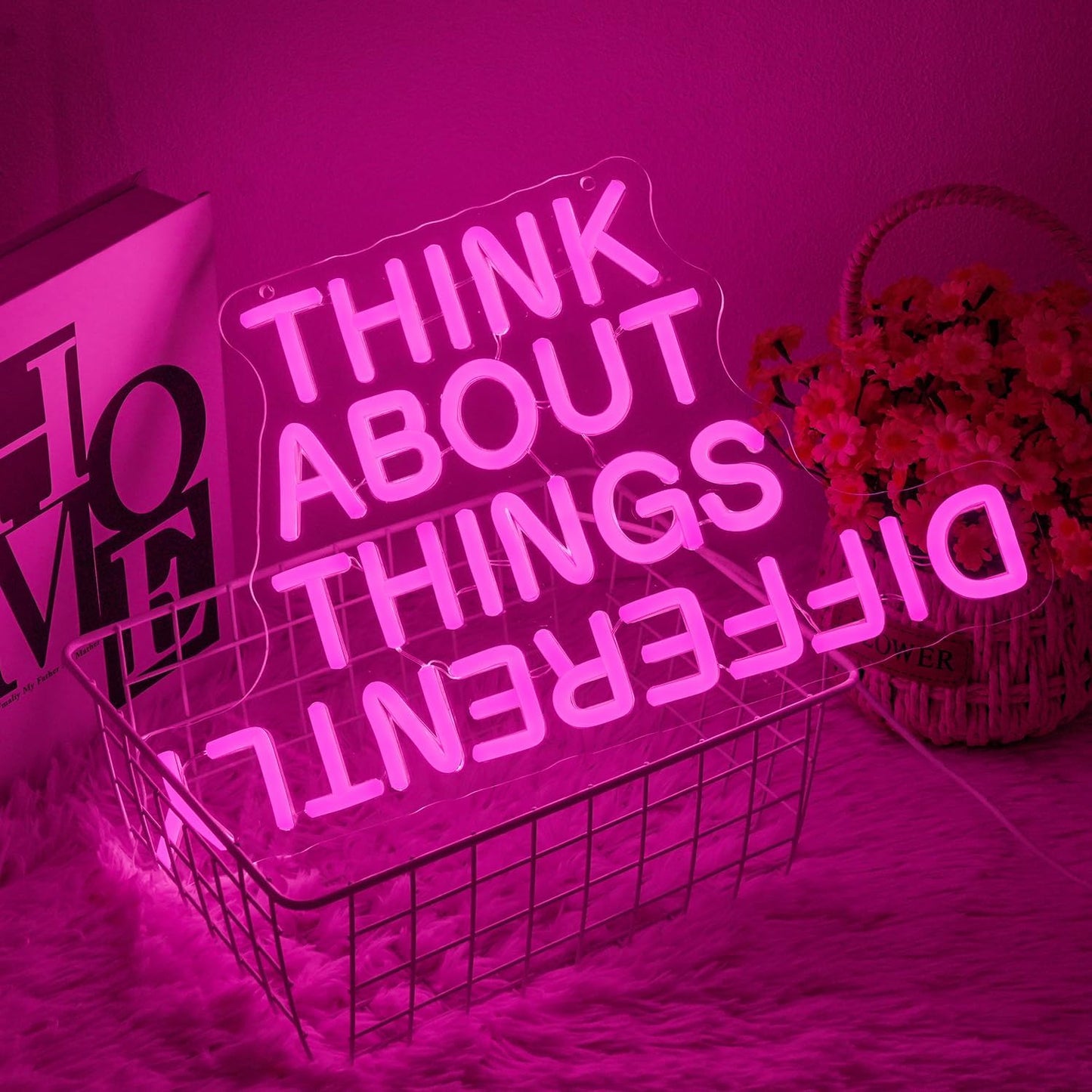 Think About Things Differently Neon Sign, Dimmable Office Neon Light, Pink Letter LED Light Up Sign for Classroom, Bedroom, Office, Study Room, Library Decoration