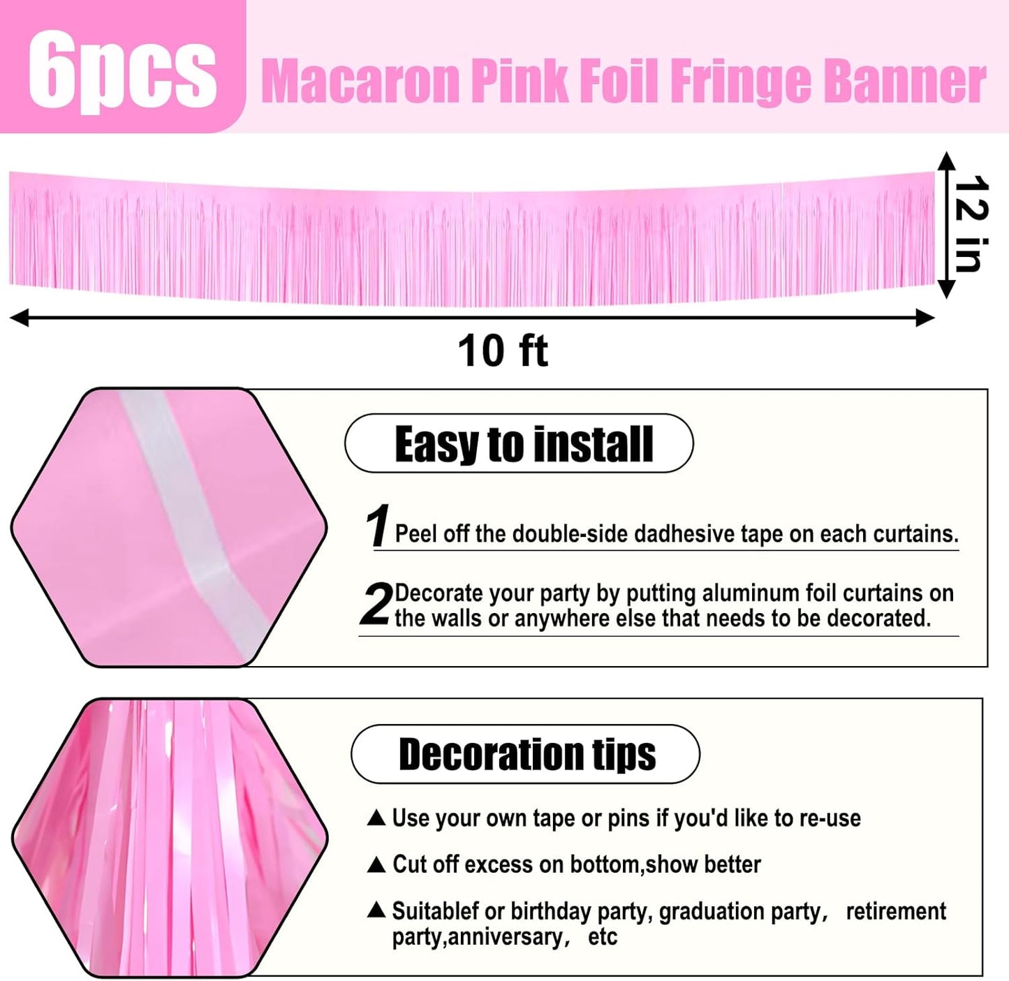 6 Pack 10 Feet Macaron Pink Foil Fringe Garland Metallic Tinsel Streamers Banner Wall Hanging Curtain Backdrop for Parade Floats, Birthday, Graduate, Mother's Day, Wedding Party Decoration