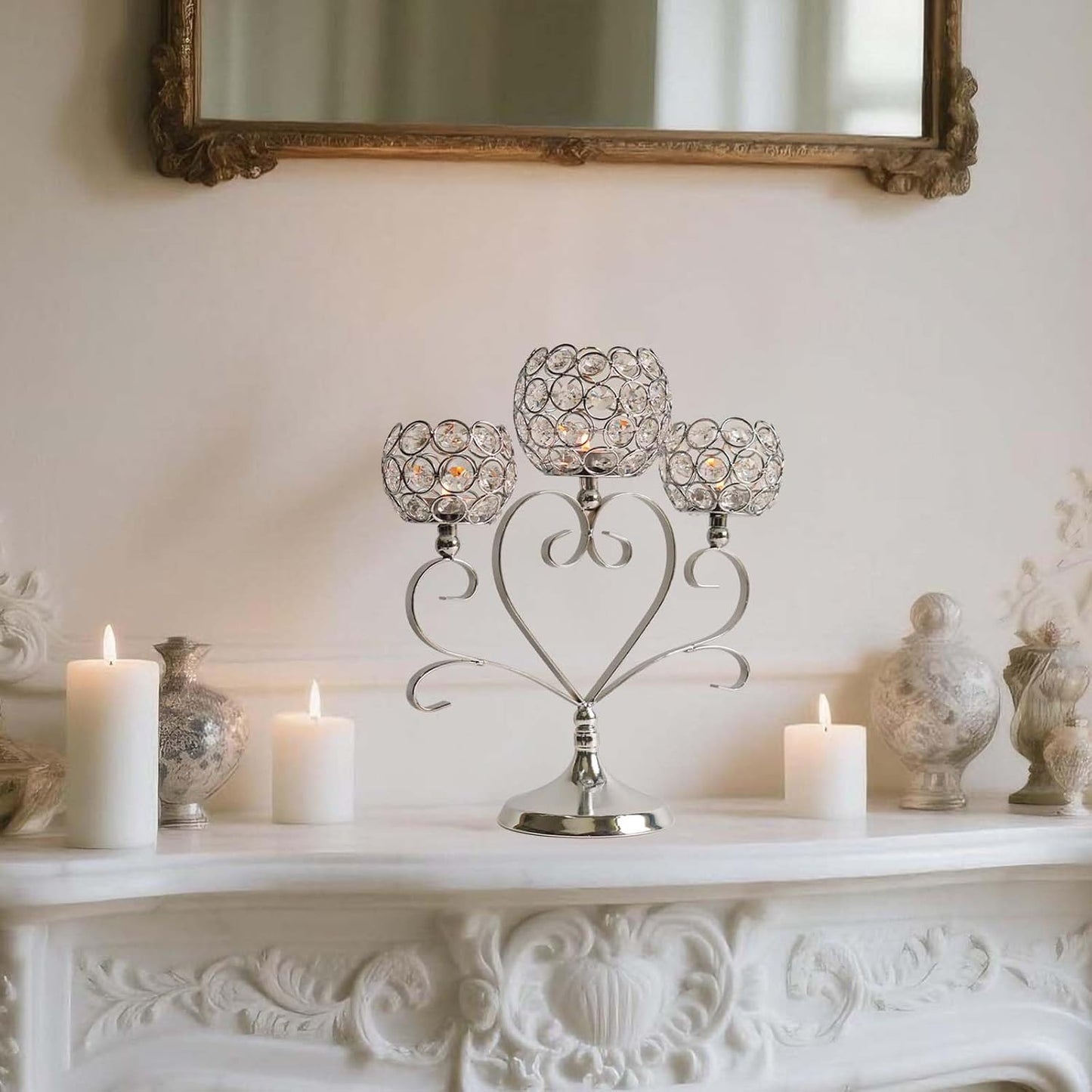 2 Pcs 3-Arm Heart Tea Light Candle Holder - Crystal & Metal Wedding Centerpiece Decor, Sparkling Table Decor for Anniversaries/Romantic Tabletop Home/Dinner Party/Events (2, Silver)