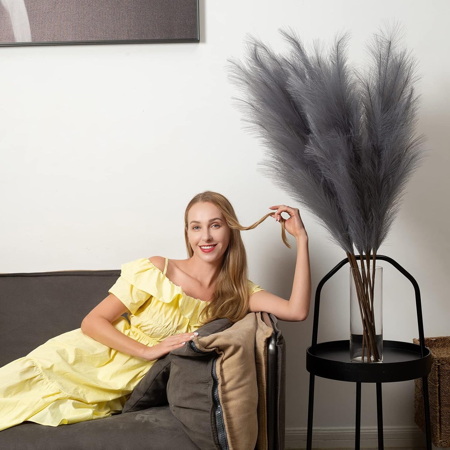 Faux Pampas Grass 6 Stems, Artificial Pampas Grass - 43''/3.6FT Total Extra Large Pompass Grass Tall Pompous Boho Flower Arrangement and Floor Vase Filler Home Decor for Room Wedding Party (Grey)