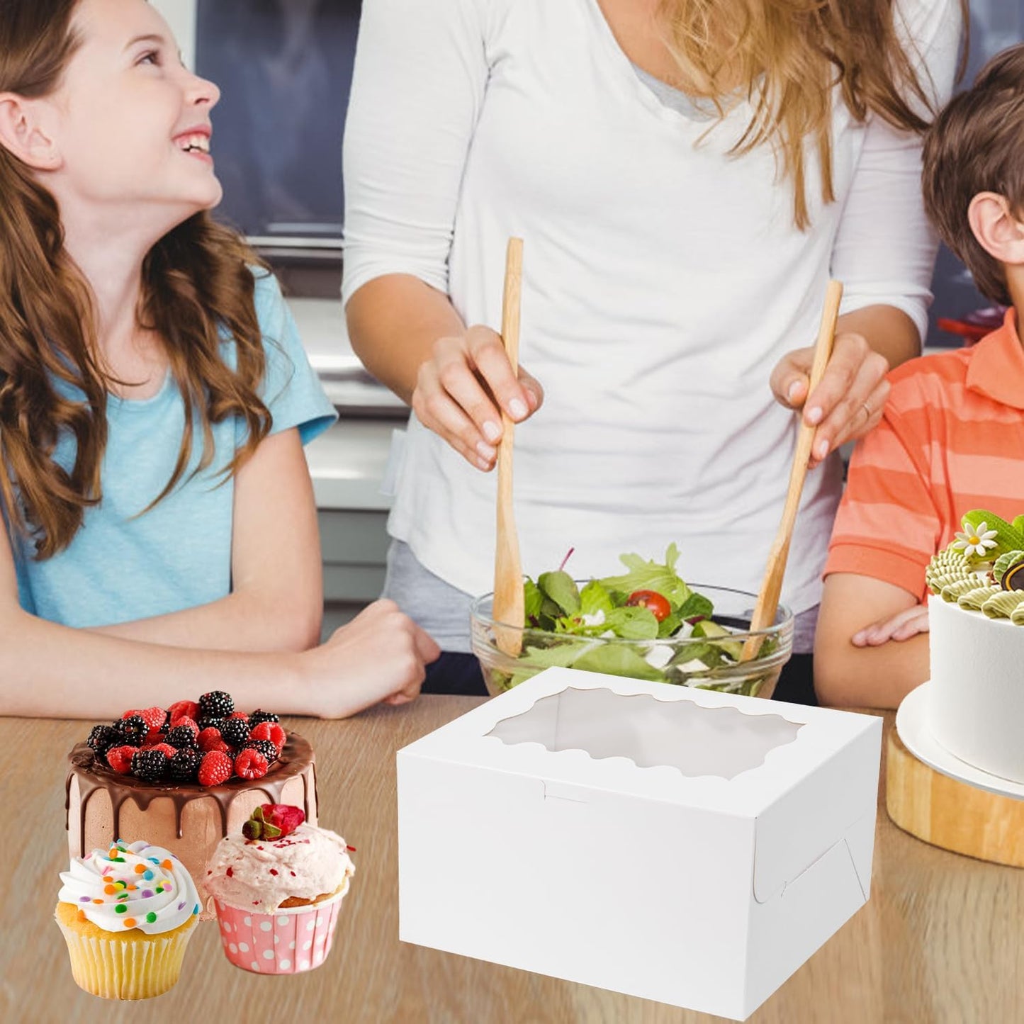 JCD 8 Packs Bento Cake and Cupcake Box 3 Holes Fit 2 Cupcakes and 1 Mini Cake Box with Clear Window and Stickers for Wedding Birthday Party Bakery Baking Supplies (1+2/8pcs)