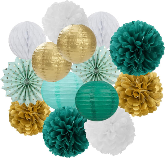Sage-Green Teal-Gold Baby-Shower Party Decorations - 14pcs Rustic Wedding Paper Lanterns Fan,Tissue Pom Poms Streamers,Honeycomb Balls,Birthday Bachelorette Engagement Bridal Decor Lasting Surprise