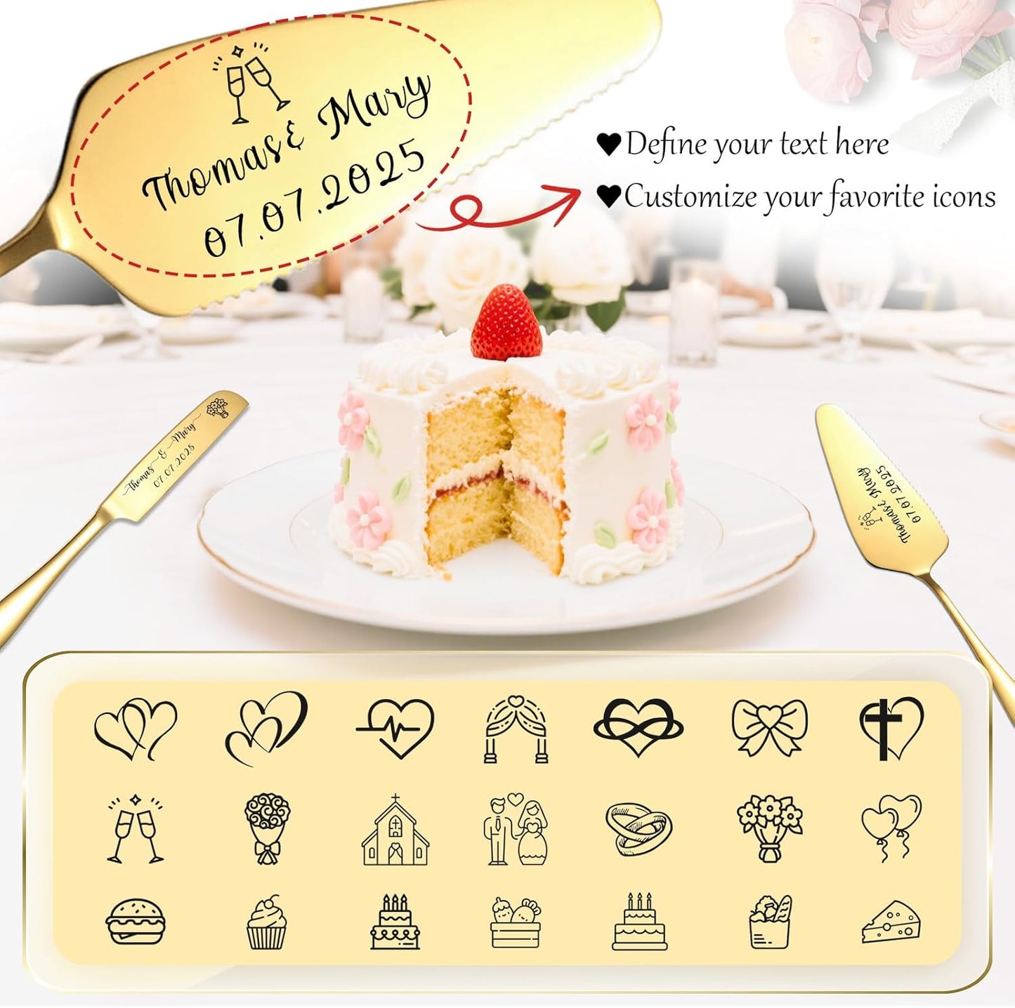 Custom Wedding Cake Knife and Server Set Personalized Cake Cutter with Engraved Text Bridal Cake Cutting Set with Gift Box for Weddings Anniversary Birthday (Gold - Text)
