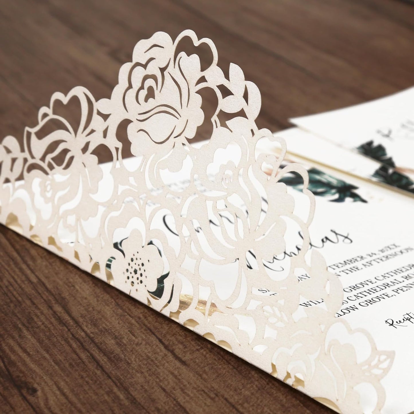 DORIS HOME 50pcs Laser Cut Wedding Invitation Pockets with Envelopes Ivory White, 5.12" x 7.12"Invitation Cards for Wedding, Anniversary (No Inserts Included)