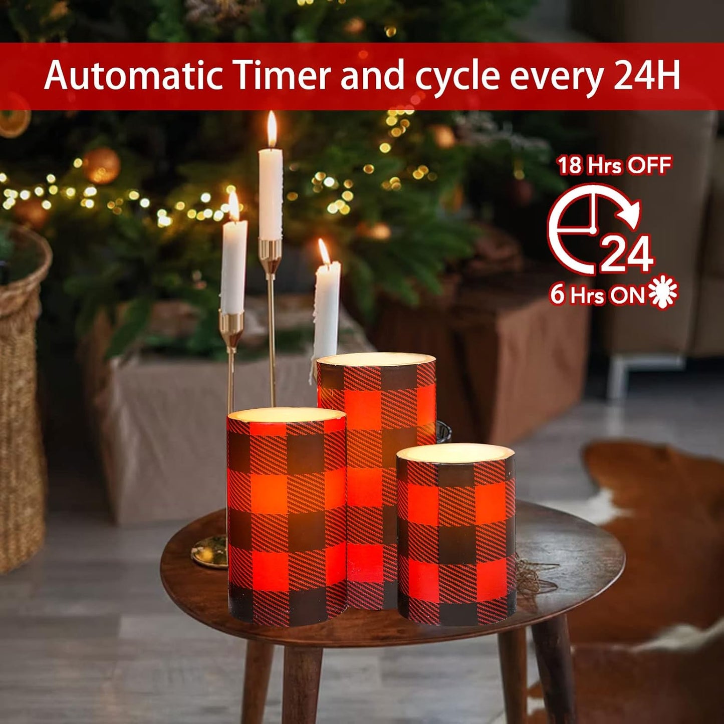 Silverstro Christmas Red Flameless Candles: Farmhouse Theme Flickering Real Wax Buffalo Check Decorative Candles with Remote - Home Party Bathroom Room Christmas Decorations - Set of 3