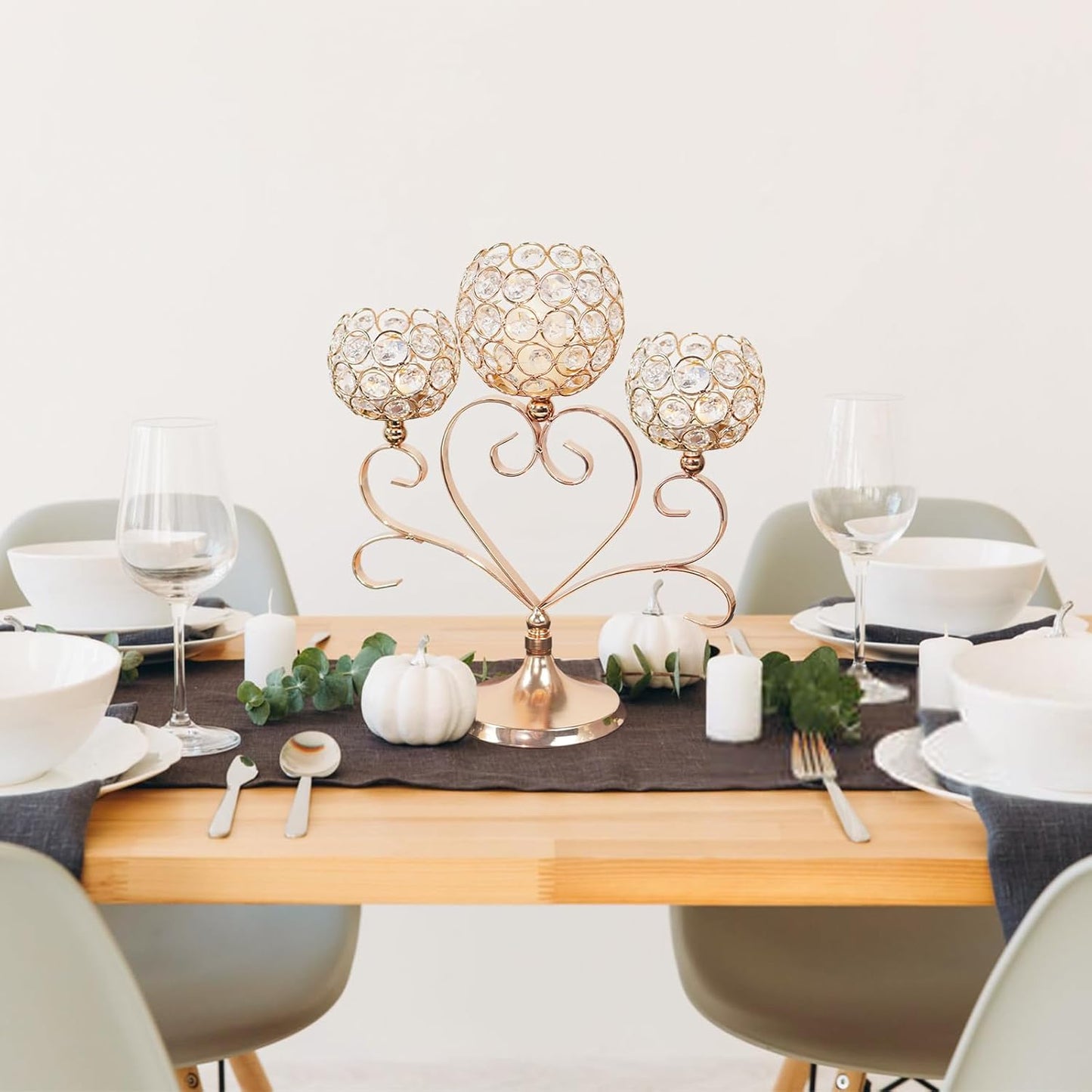 2 Pcs 3-Arm Heart Tea Light Candle Holder - Crystal & Metal Wedding Centerpiece Decor, Sparkling Table Decor for Anniversaries/Romantic Tabletop Home/Dinner Party/Events (2, Gold)