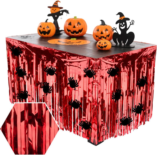 28x106 Inch Red Sequin Tablecloth for Halloween Decorations, Metallic Tinsel Foil Fringe Table Skirt, Rectangle or Round Tables Decor, Table Cover, Spider Decorations for Halloween Party