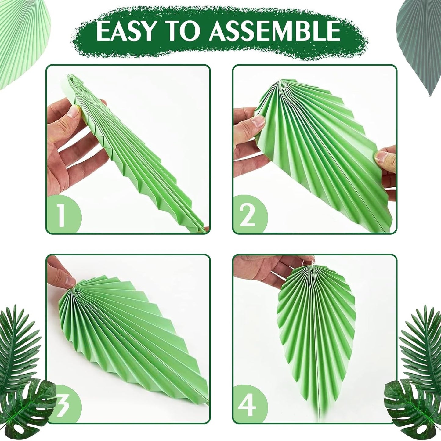 ADLKGG Green Gold Hanging Paper Leaves Wall Backdrop Decor, Paper Palm Leaves Fan Party Decorations for Forest Birthday Party Tropical Jungle Theme Classroom Decor, 12pcs
