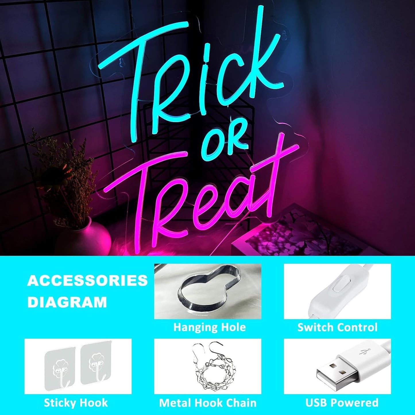Trick or Treat Neon Sign Halloween, USB Halloween Neon LED Light for Wall Decor, Trick or Treat Halloween Sign Decorations for Home Bar Salon Coffee Stores Porch Front Door