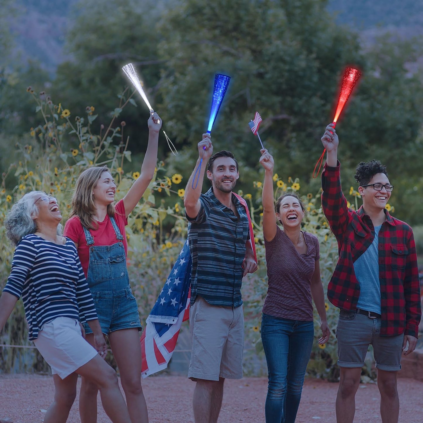 48 PCS Red Blue White Glow Fiber Wands Sticks LED Light Wands 3 Modes Flashing Fiber Optic Light Rod Bulk Fiber Optic Wands for July 4th Party Supplies