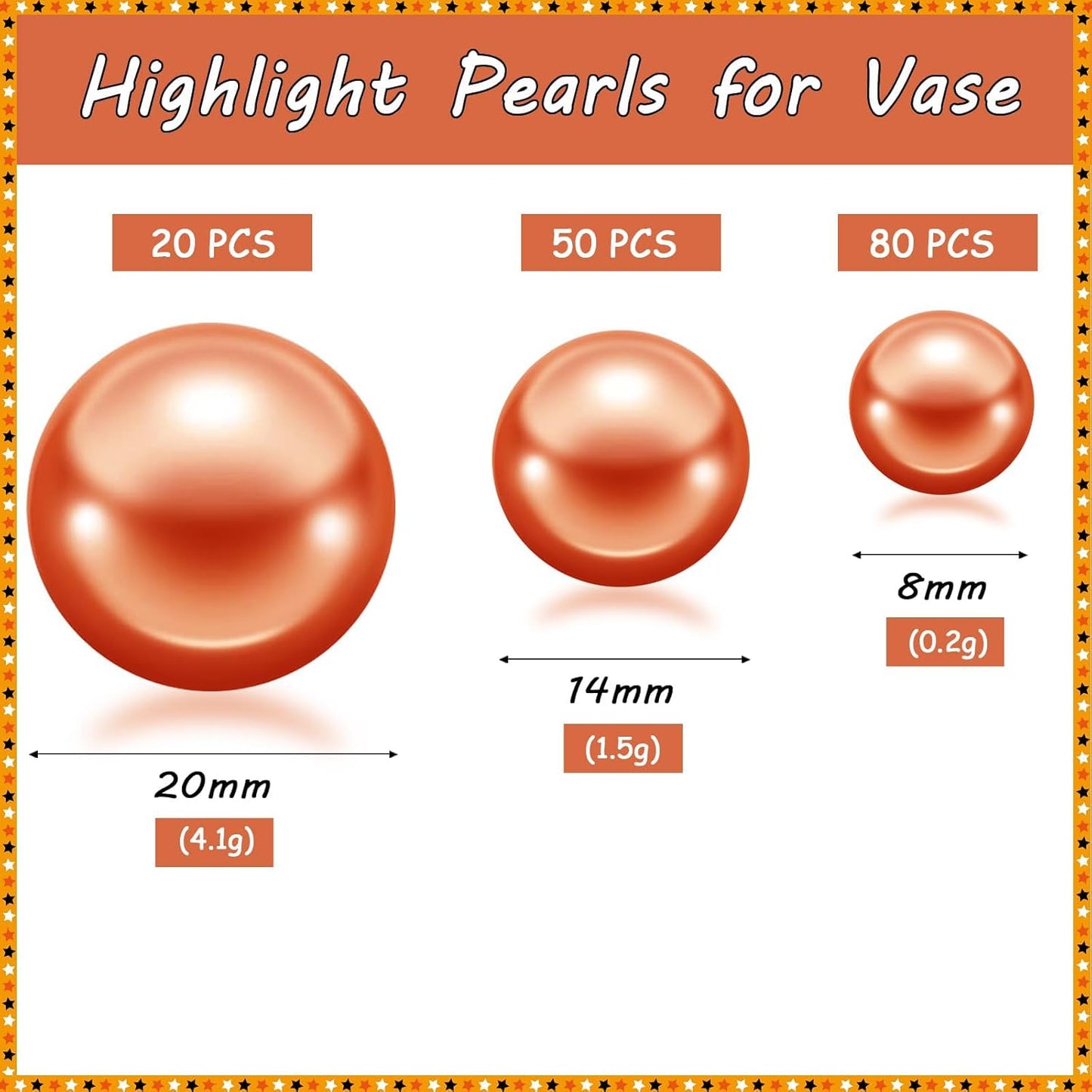 150Pcs Orange Polished No Hole Faux Pearl Beads for Vase Filling Decorations, Plastic Pearls Vase Fillers, Table Scatters, Wedding Centerpiece, Home Decor, 8/14/20 mm