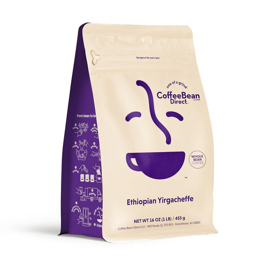 Coffee Bean Direct Ethiopian Yirgacheffe, Whole Bean Coffee, Light Roast, 1 Pound Bag (Pack of 1)