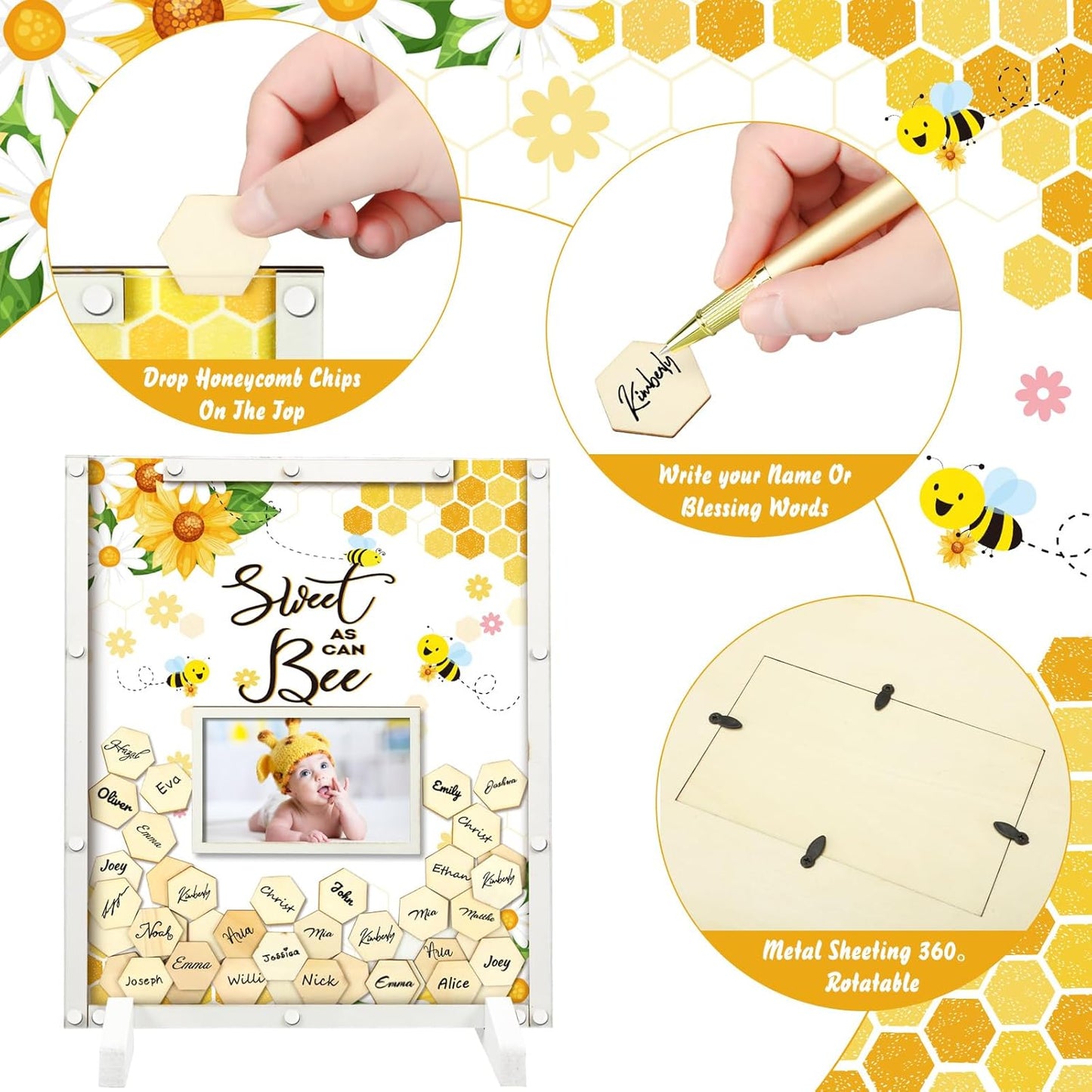 65 Pcs Baby Shower Guest Book Alternatives He or She Gender Reveal Baby Shower Decorations Sign in Guest Book with Picture Frame and 60 Wooden Chip Sweet as Can Bee Decorations