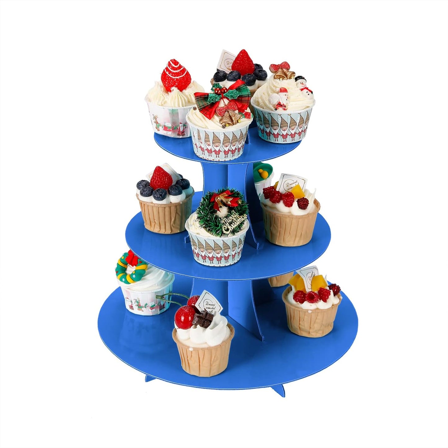 3-Tier Cupcake Stand, Cake Stand holder, Tiered DIY Cupcake Stand Tower for Dessert Table Displays, Birthday Theme Party Favors Decoration, Floral Tea Party, 12" W x 12.8" H, Blue