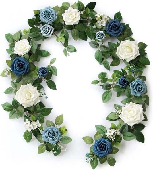 PONATIA 5FT Handcrafted Artificial Rose Flower Garland, Dusty Blue Flowers Greenery Garland for Wedding Ceremony Garlands Backdrop Arch Flowers, Ceremony Reception Table Decorations