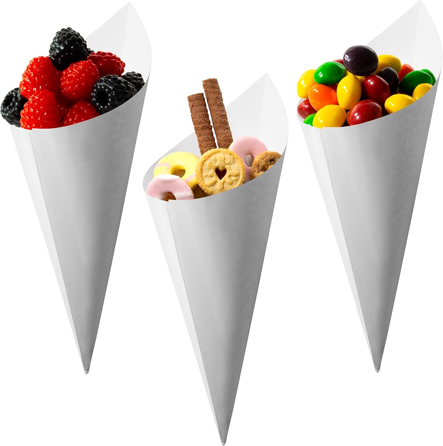 MONTX® 200-Pack Disposable Food Cones | 7" or 6" | White Food-Safe Paper Charcuterie Cones for Appetizers, Popcorn, Snacks, Confetti | Eco-Friendly Alternative to Wood Cones (7 Inch)