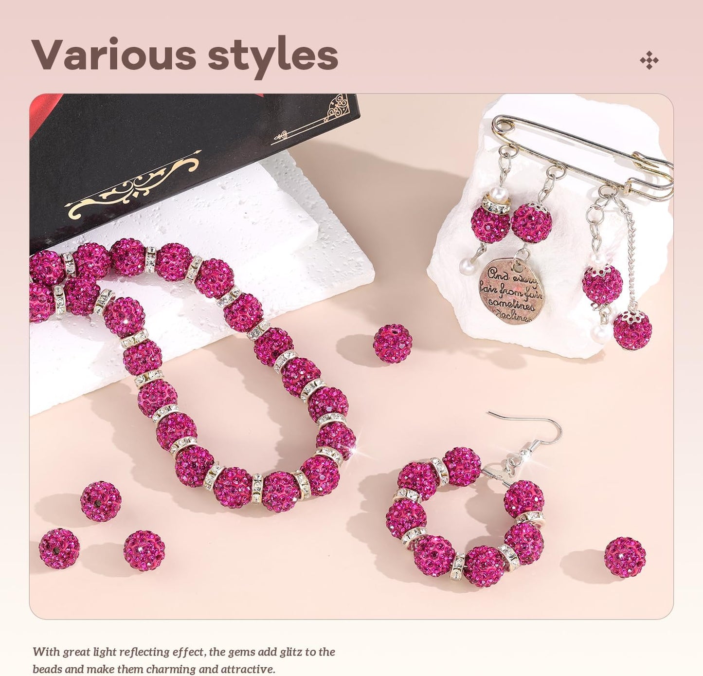 160pcs 10mm Rhinestone Beads for Jewelry Making, Fuchsia Shiny Round Disco Ball Beads Bulk, Sparkle Crystal Clay Christmas for Bracelet Baseball Necklace Earring Crafting and DIY