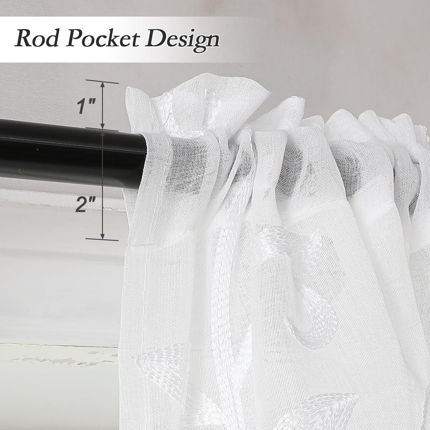 VISIONTEX Sheer Voile Curtain Valances, Decorative Leaves Embroidered, Rod Pocket Window Treatment for Kitchen/Rustic Bedroom/Living Room (54 x 16 Inch,1 Panel)